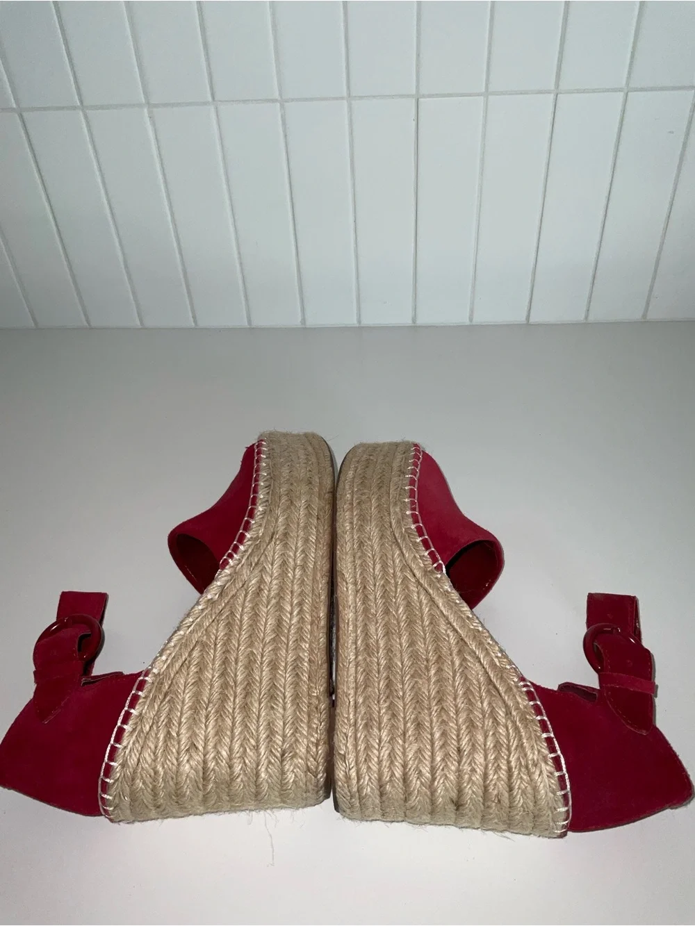 Marc Fisher Red Suede Espadrille Wedge Sandals with Ankle Buckle